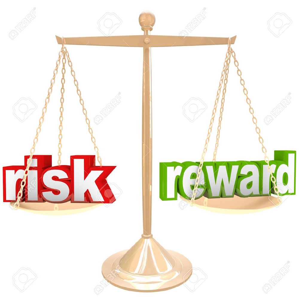 17944314-Weighing-the-risks-and-rewards-of-a-situation-or-issue-on-a-gold-metal-scale-one-word-on-each-side-c-Stock-Photo
